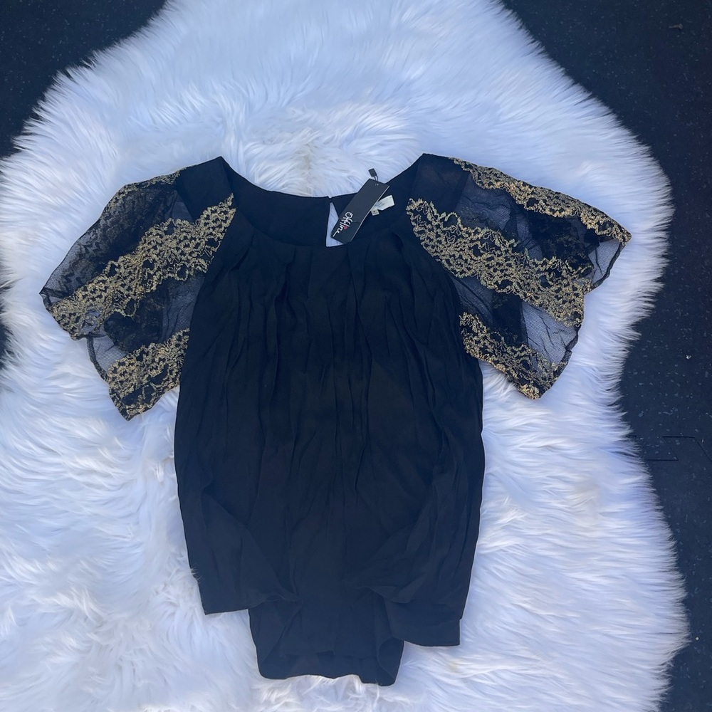 Xhilaration Black and Gold Ruffled Short Sleeve Blouse